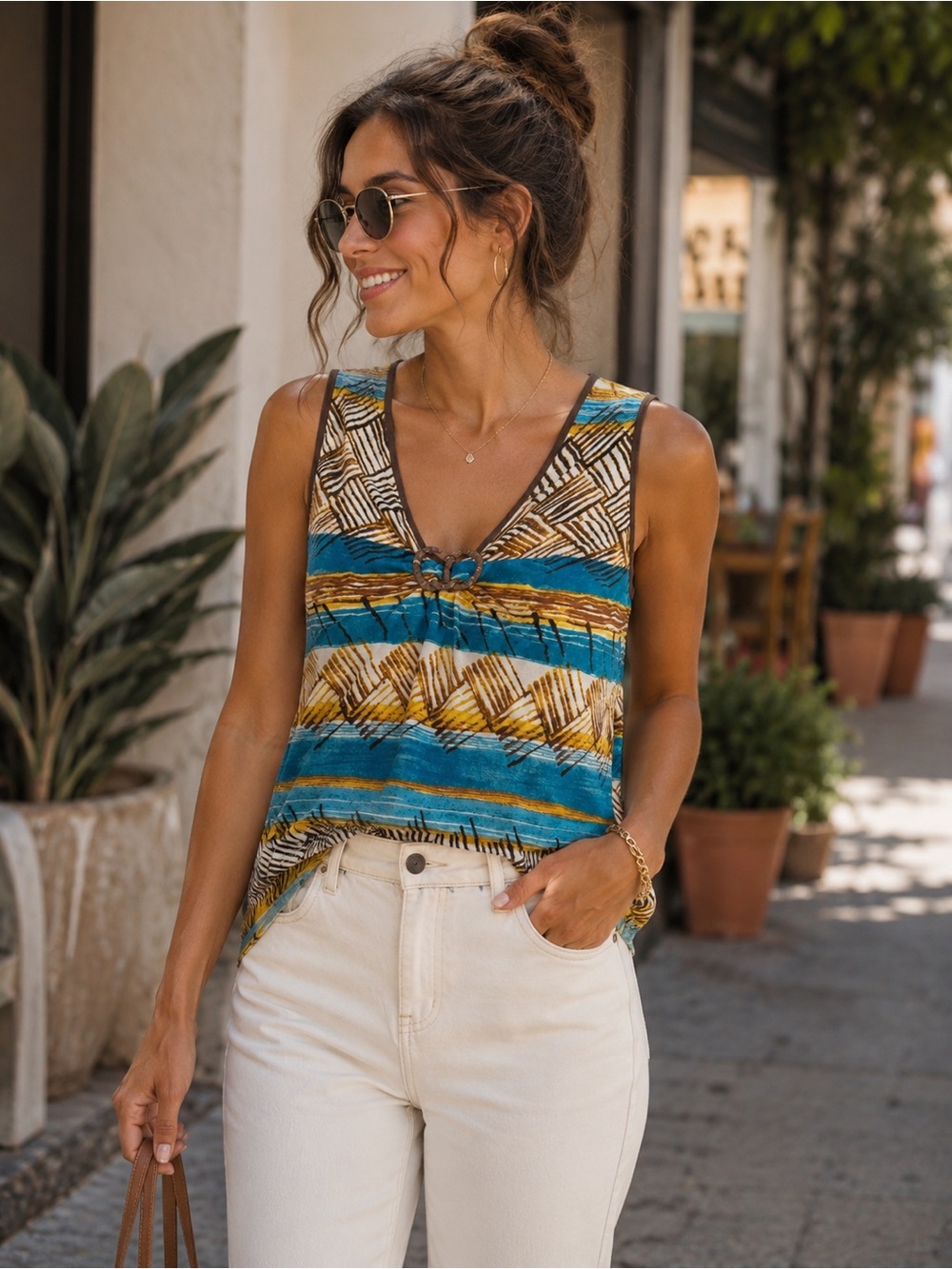 august silk Teal, Yellow & Brown V-Neck Ring Tank